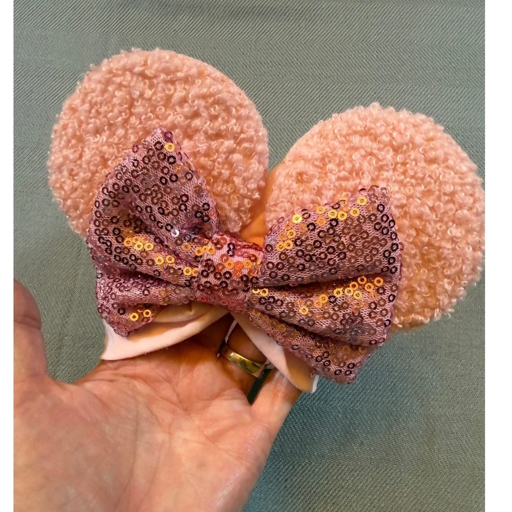 Pink Mouse Ears Sequin Bow Baby Headband Sherpa Ears Disney Style Accessory